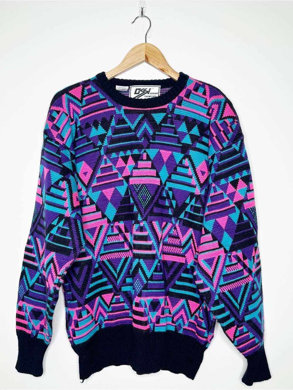 OSSI Skiwear Vintage 90’s Geometric Neon Wool Blend Pullover Sweater Size Large